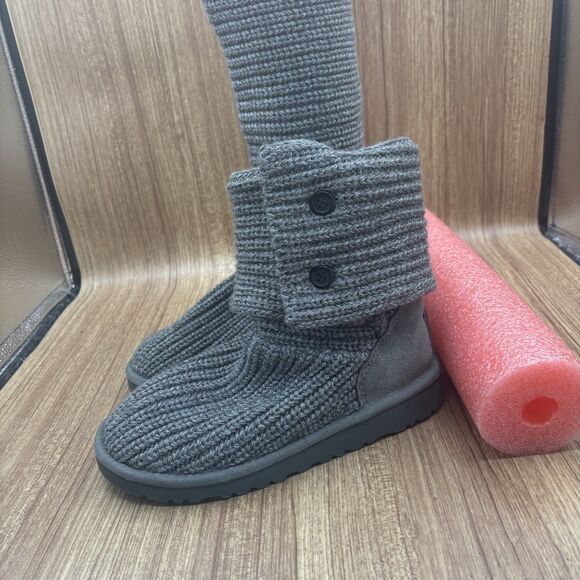 UGG Australia Boots Youth 3 Cardy Winter Snow Gray Knitted Button Mid Calf NEW - Picture 8 of 9